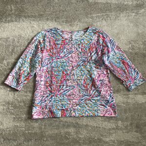 Lulu-B Top Womens Medium Stretch Shirt 3/4 Sleeves Resort Pink Blue Cotton